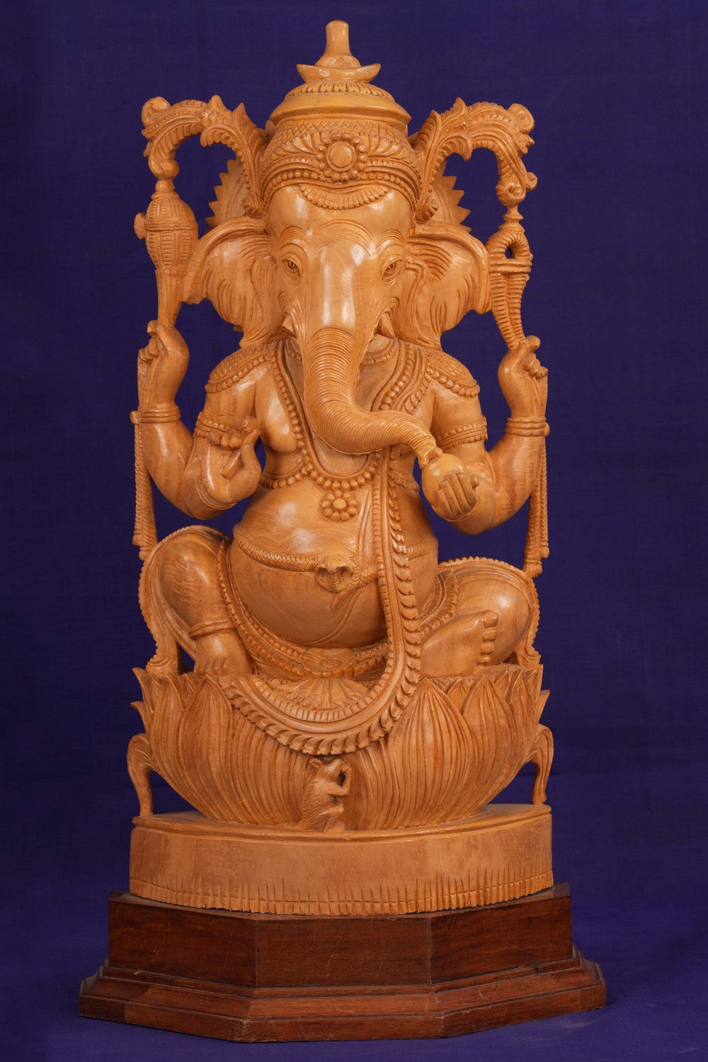 Image of Ganesha Bhagwan Murti Sitting with Moshak on Lotus Flower Base Idol.